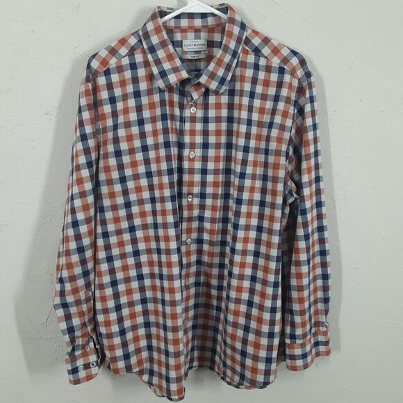Lucky Brand Button Shirt Mens Blue Orange Slim Fit Plaid Long Sleeve XL - Picture 1 of 9